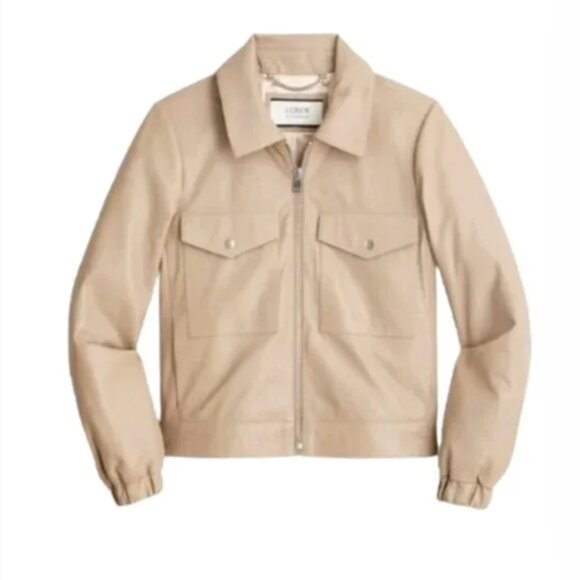 NWT JCrew Bomber Leather Jacket Womens XS Tan Nude Boulder Long Sleeve BJ932 NEW - Picture 3 of 13